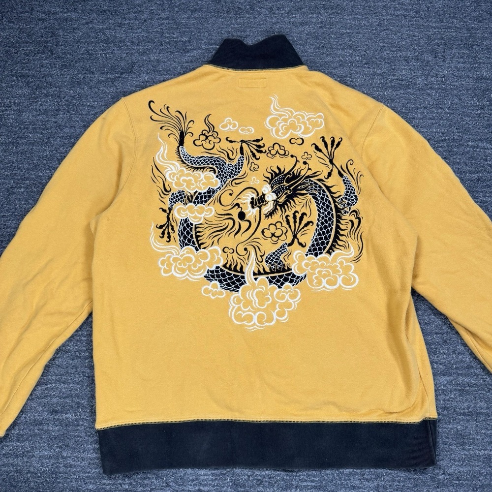 Vintage Lucky Brand Sweatshirt Men XL Yellow Dragon Y2K Asian Full Zip Tattoo